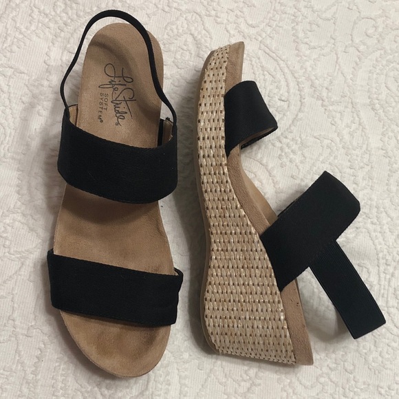 Life Stride Shoes - Life Stride Black Elastic Strap Wedge Sandals Size 8M